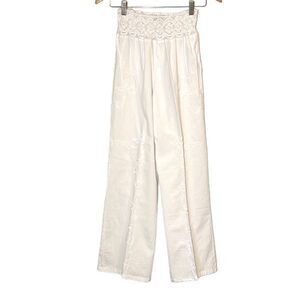 Giocam Womens Wide Leg Pants Elastic Lace‎ Waist Embroidered Pocket White Large